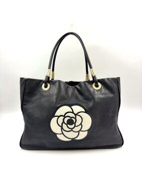Chanel Camellia Logo Lambskin Black Tote Bag Gold